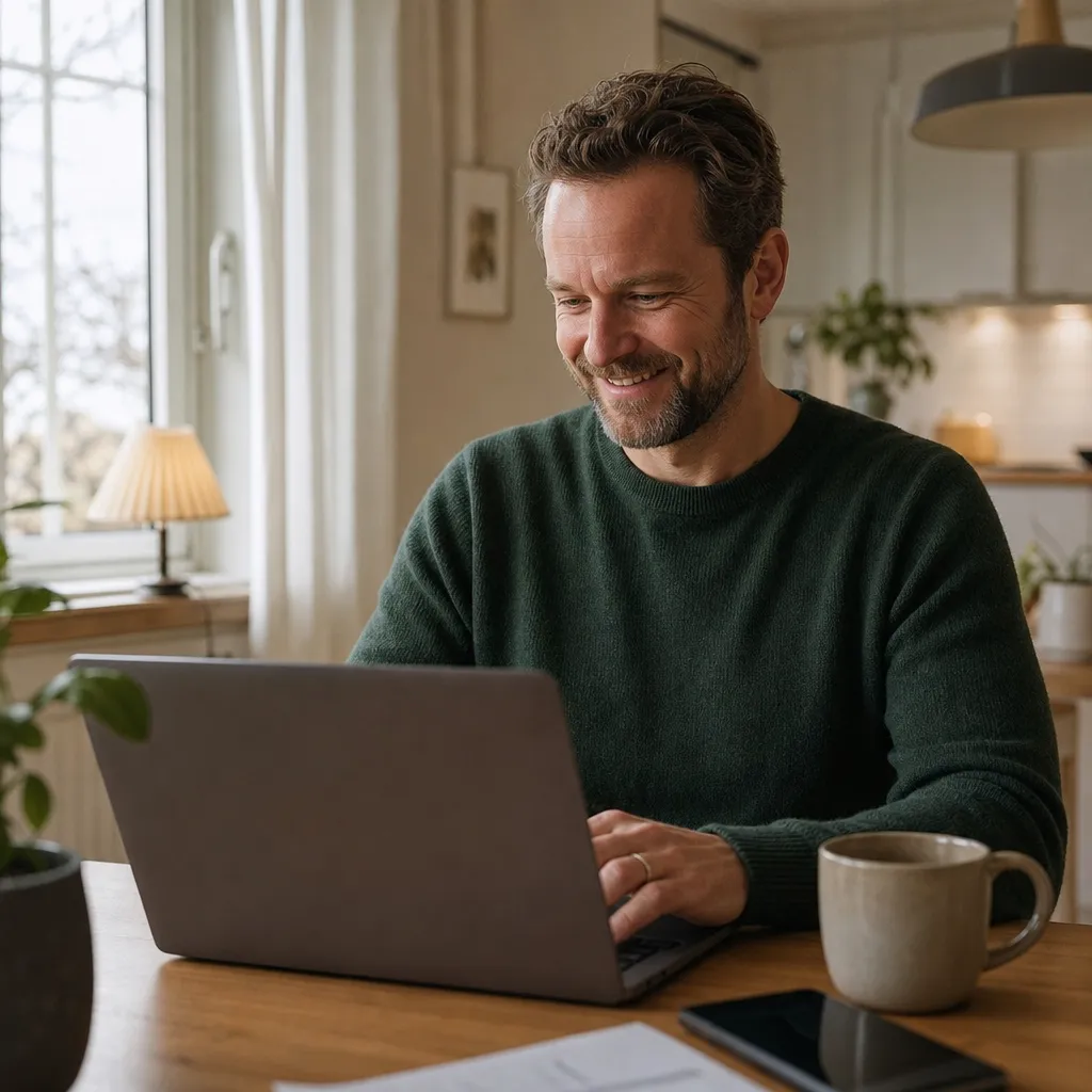 glad person som fyller i BankID-signering för ett nytt elavtal på laptop hemma
