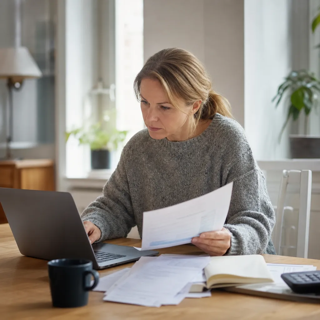 person som jämför elräkningar och elavtal på en laptop vid köksbordet