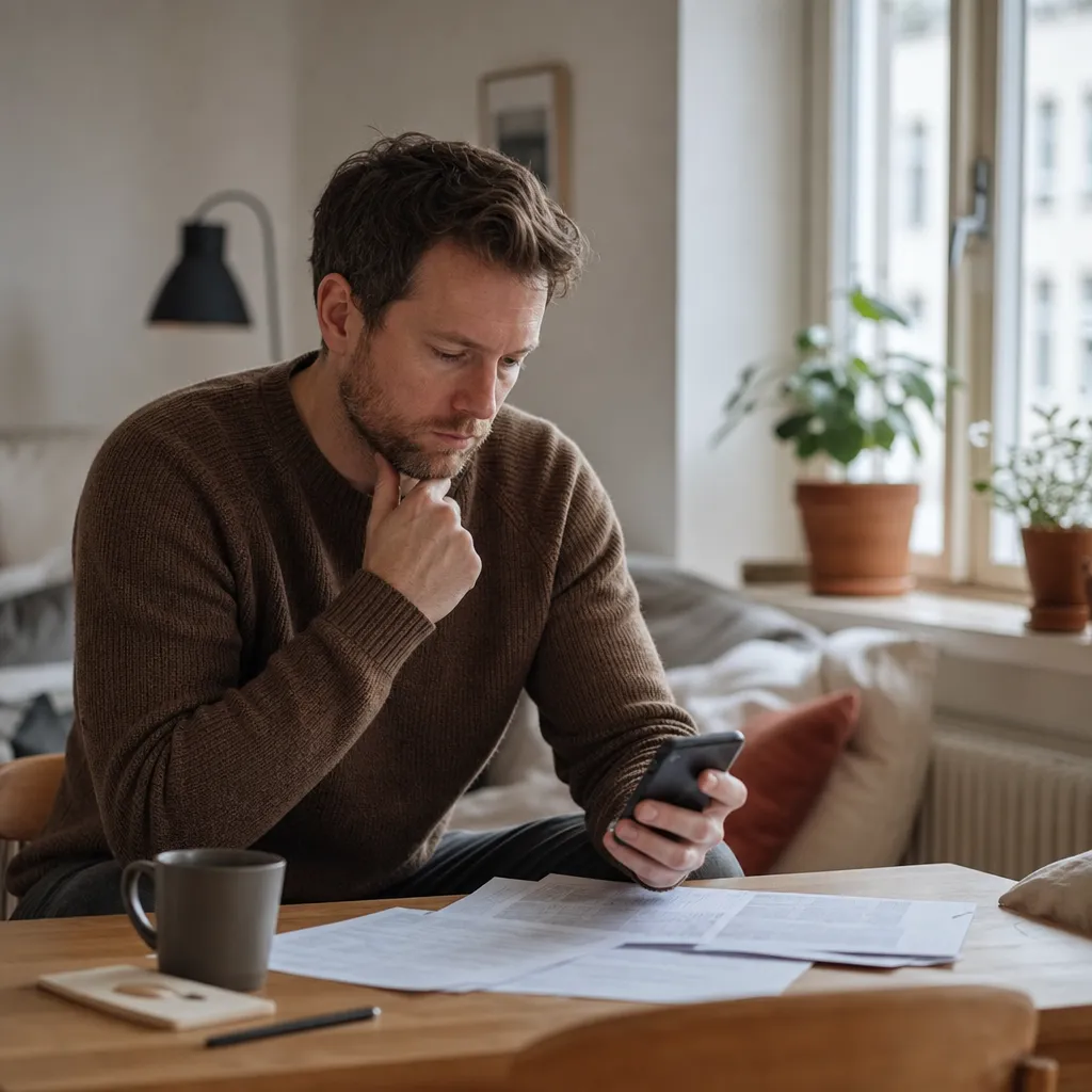 person i en liten lägenhet som kollar elräkning och elavtal i mobilen
