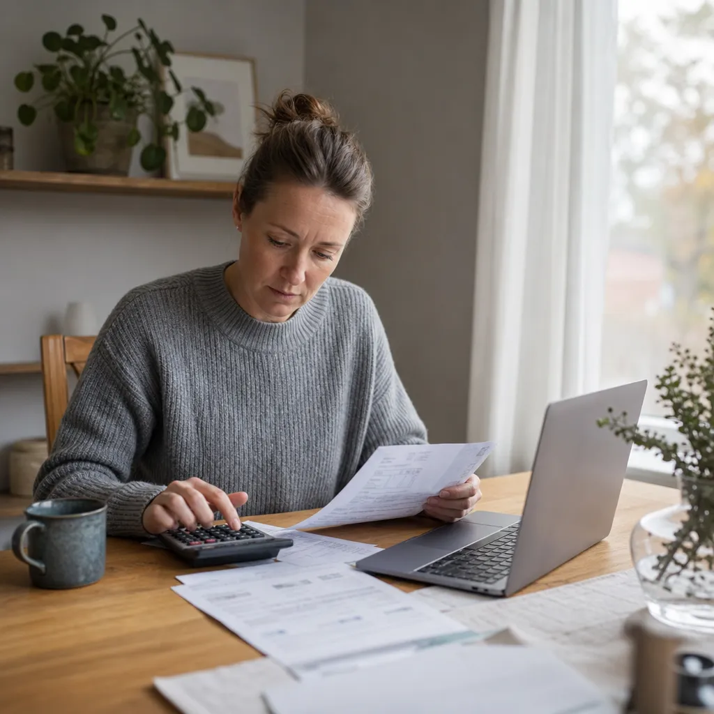 person som räknar på elräkningar och avgifter med miniräknare och laptop