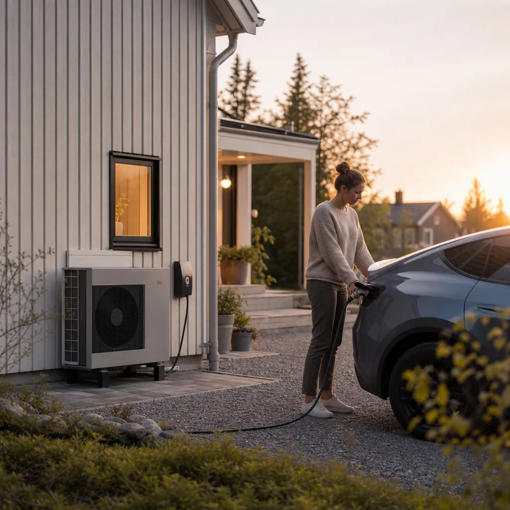 villa med värmepump och elbil som laddas på uppfarten i kvällsljus