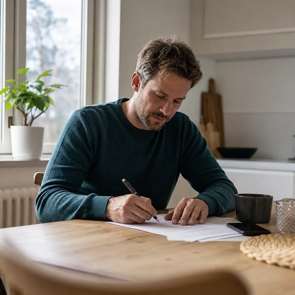 person som skriver under ett elavtal med fast pris vid köksbordet