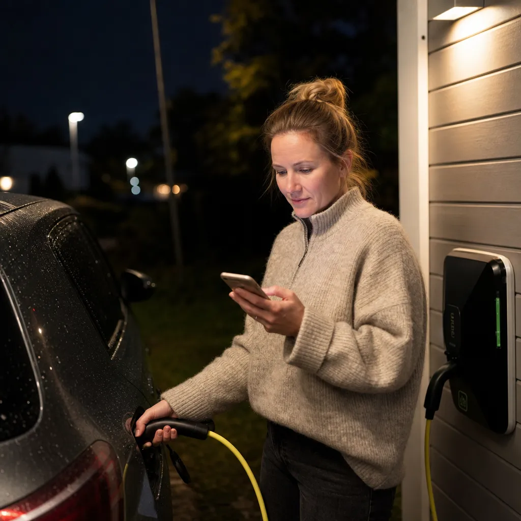 person som laddar elbilen hemma på natten medan en app visar kvartspriser
