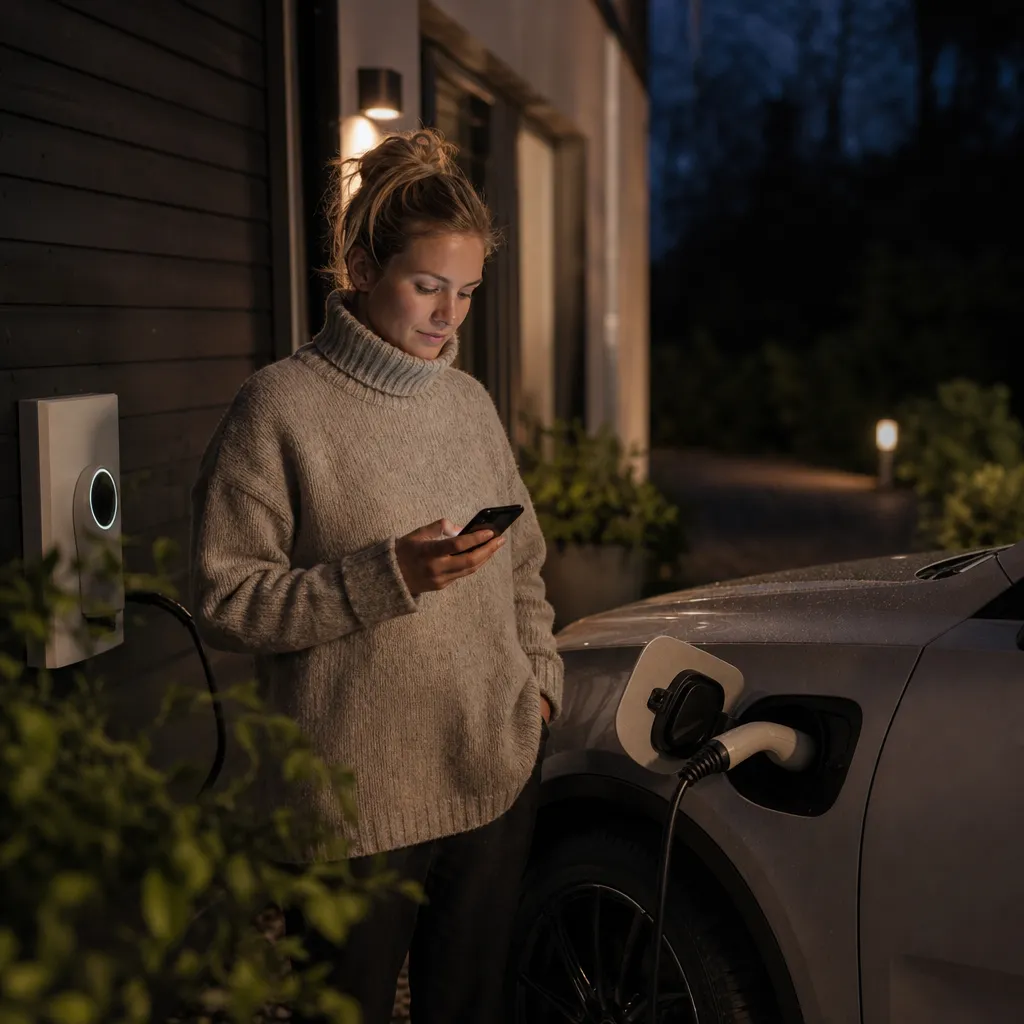 person som laddar elbilen på natten kopplat till en app som visar timpriser