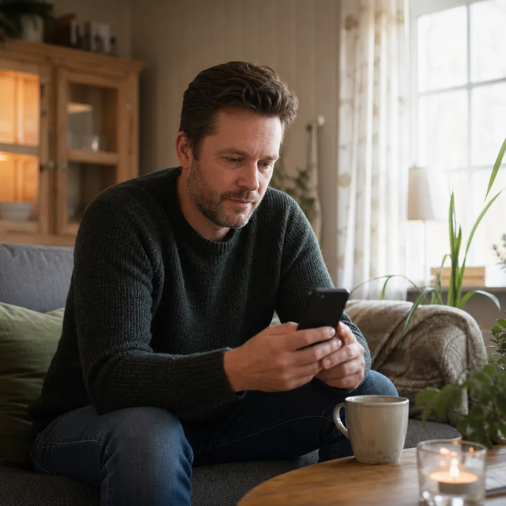 person i Dalarna som kollar sin elräkning och Dala Elfond-avtal på mobilen