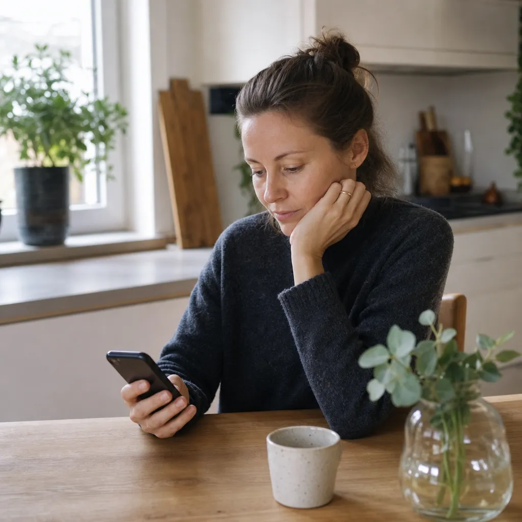 person hemma i köket som kollar elförbrukning i en app på mobilen