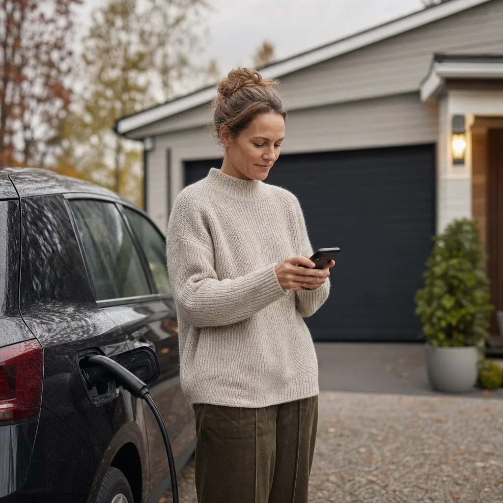 person som laddar elbil hemma på uppfarten, styrd via en app