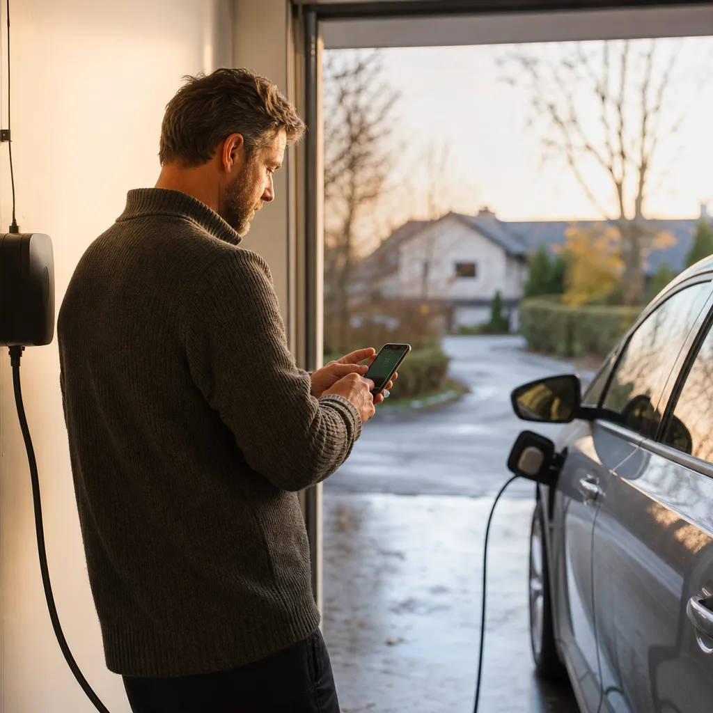 mobilapp som visar elförbrukning i realtid kopplad till elbilsladdning i hemmagarage