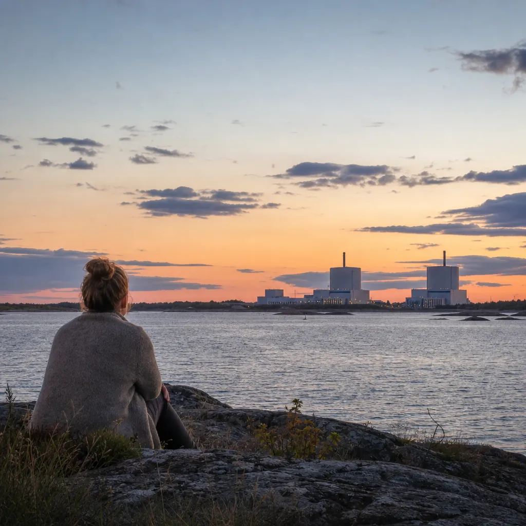 kärnkraftverk vid kusten i kvällsljus som symbol för fossilfri elproduktion