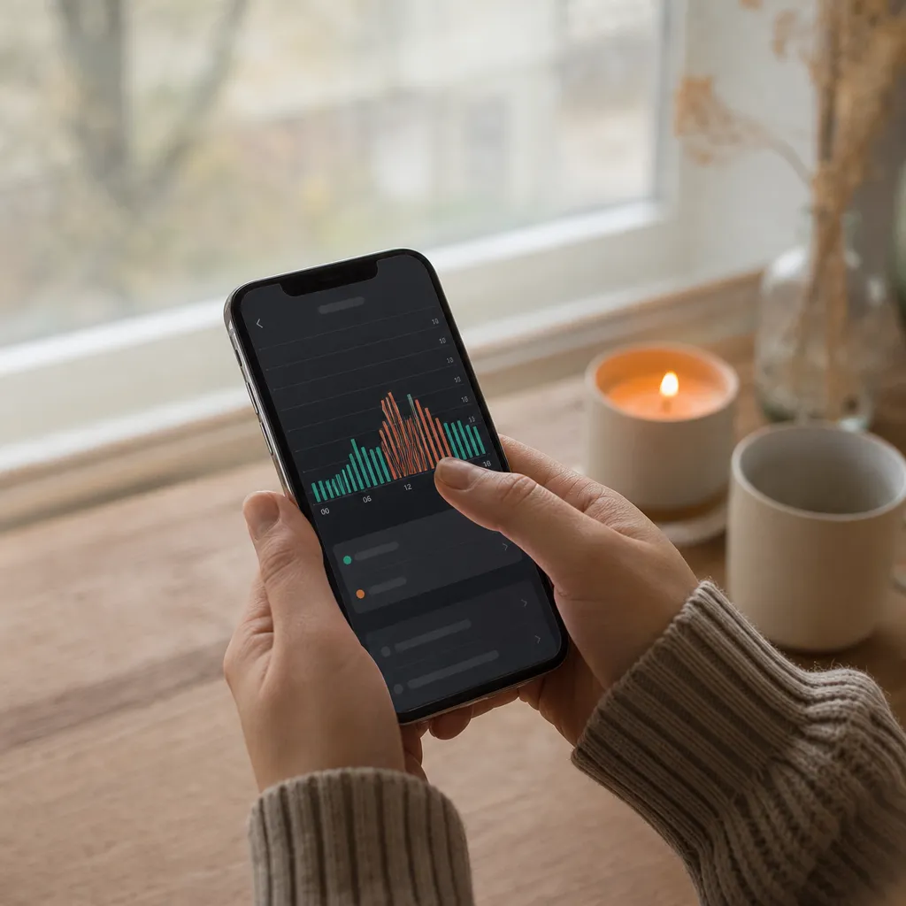 närbild på en mobil med Tibber-appens elprisgraf timme för timme