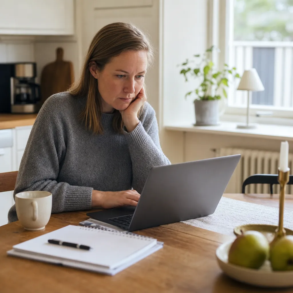 person som jämför olika elbolags avtal på en laptop vid köksbordet