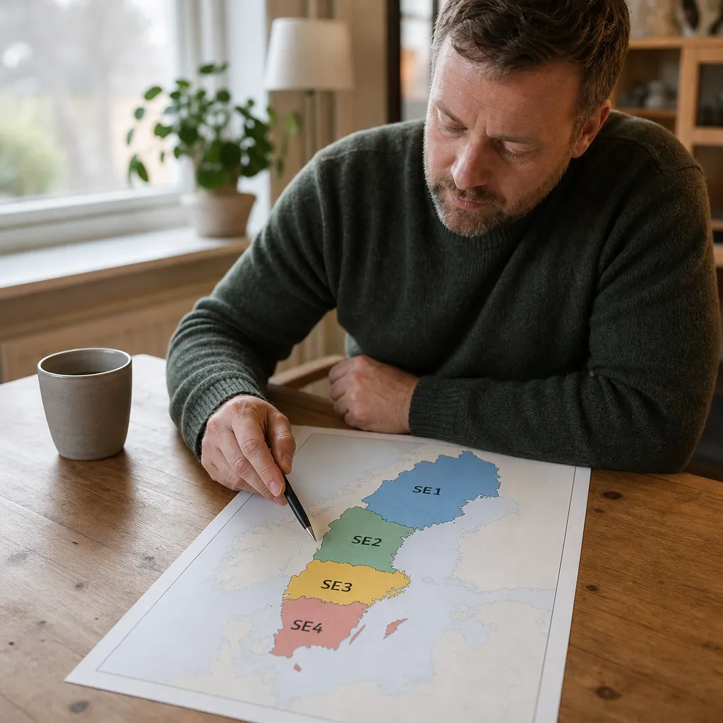Sverigekarta med fyra färgkodade elområden SE1–SE4 markerade norr till söder
