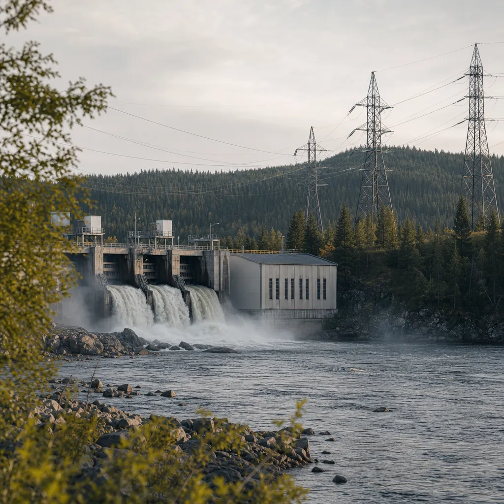 vattenkraftverk och kraftledningar i norrländskt landskap vid en älv