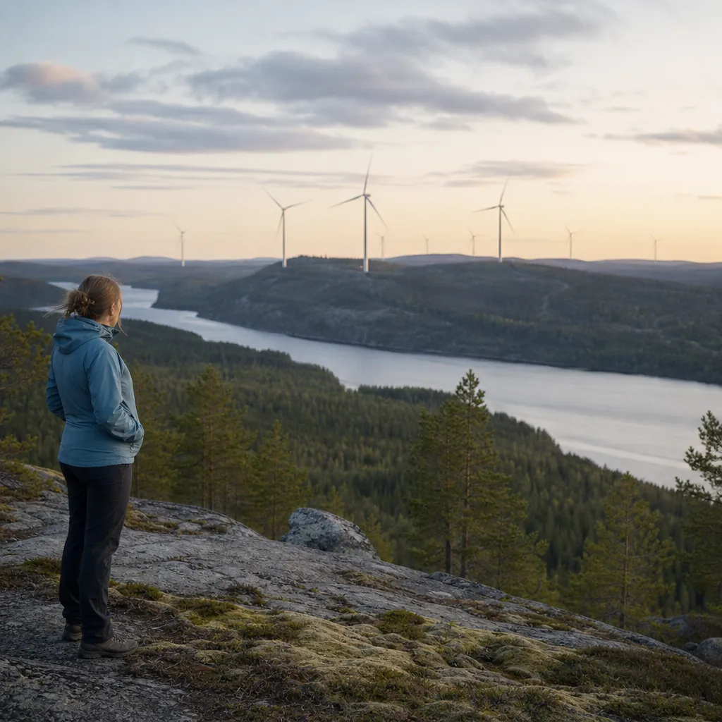 vindkraftpark på höjd nära norrlandskust med älv och skog i bakgrunden