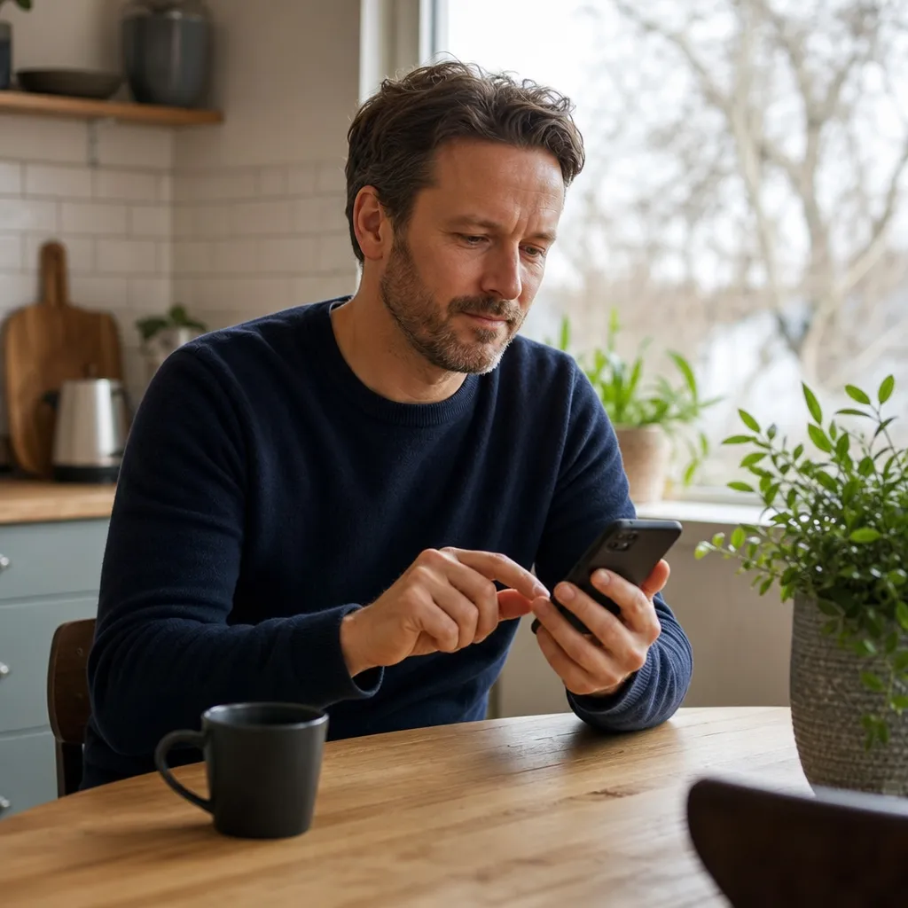 person i Malmö eller Skåne som jämför elavtal på mobilen hemma i köket