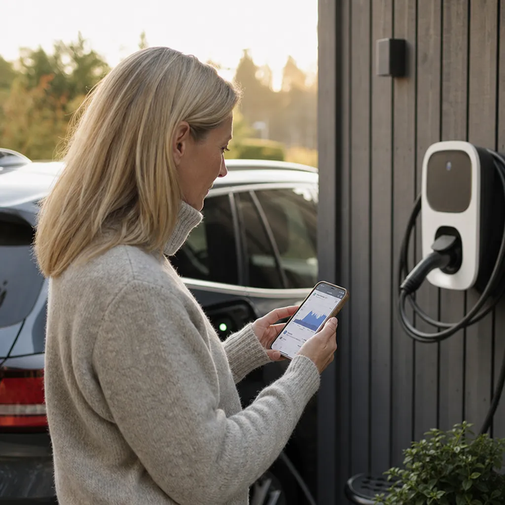 mobilskärm med app som visar timvis elpriskurva, laddbox för elbil i bakgrunden