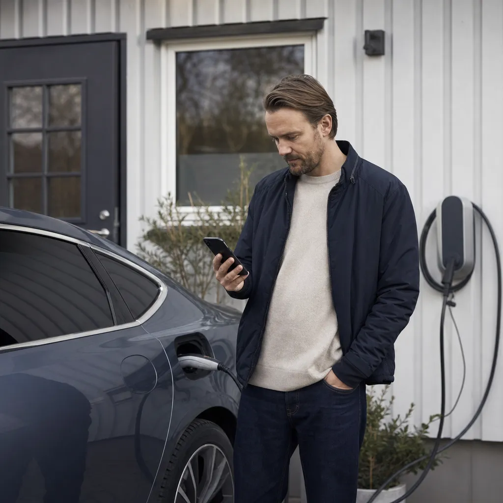 person som laddar elbilen hemma medan mobilen visar en elprisapp