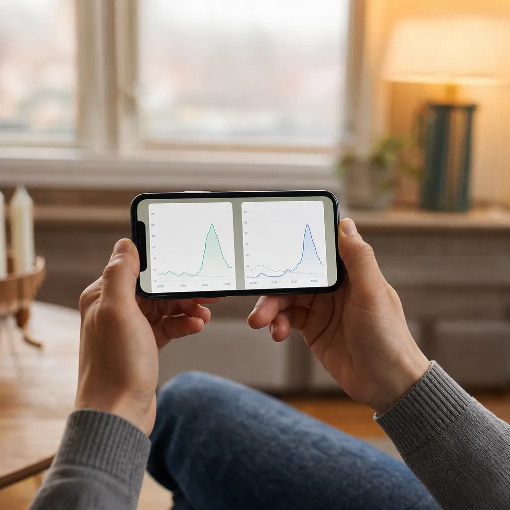 mobiltelefon som visar två appgränssnitt sida vid sida med elpriskurvor
