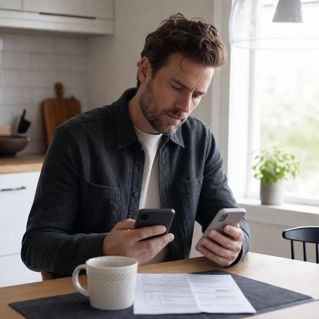 person som jämför två elbolagsappar på mobilen bredvid en elräkning