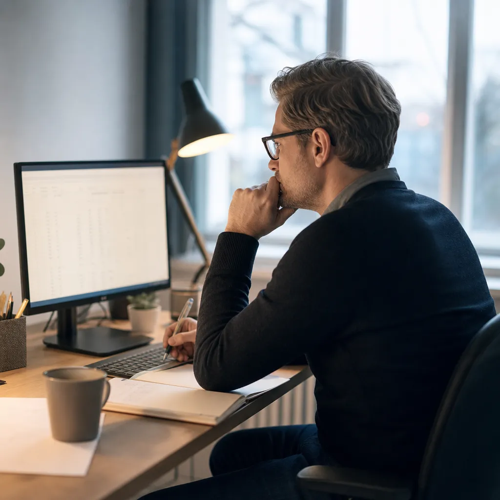 redaktör som går igenom elavtal och elbolagsjämförelser på en skärm på ett kontor