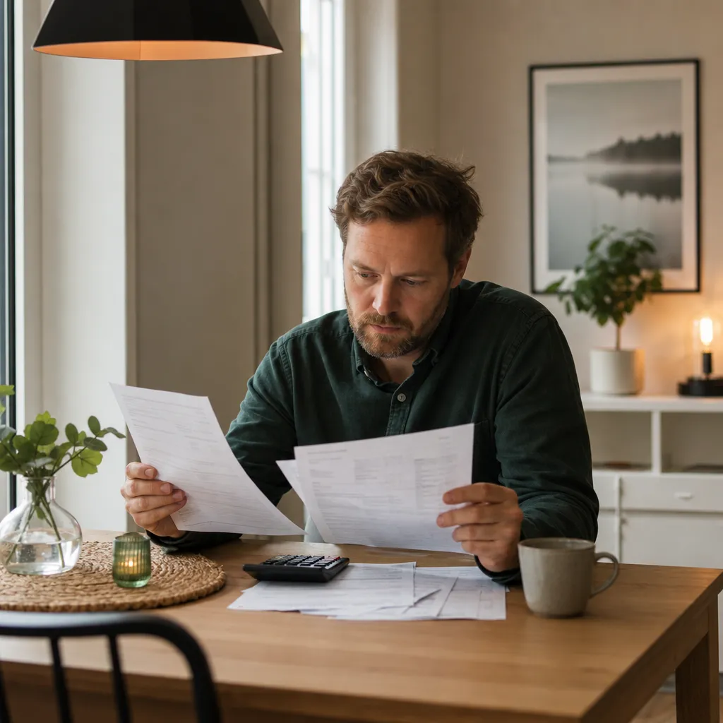person som jämför elräkningar vid köksbordet i en lägenhet