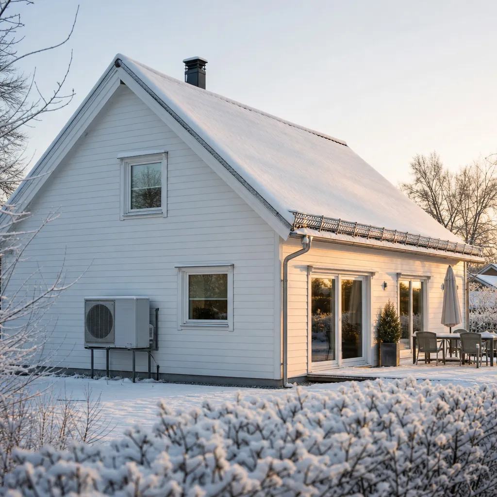 villa med snötäckt tak och synlig värmepump på husväggen en vinterdag
