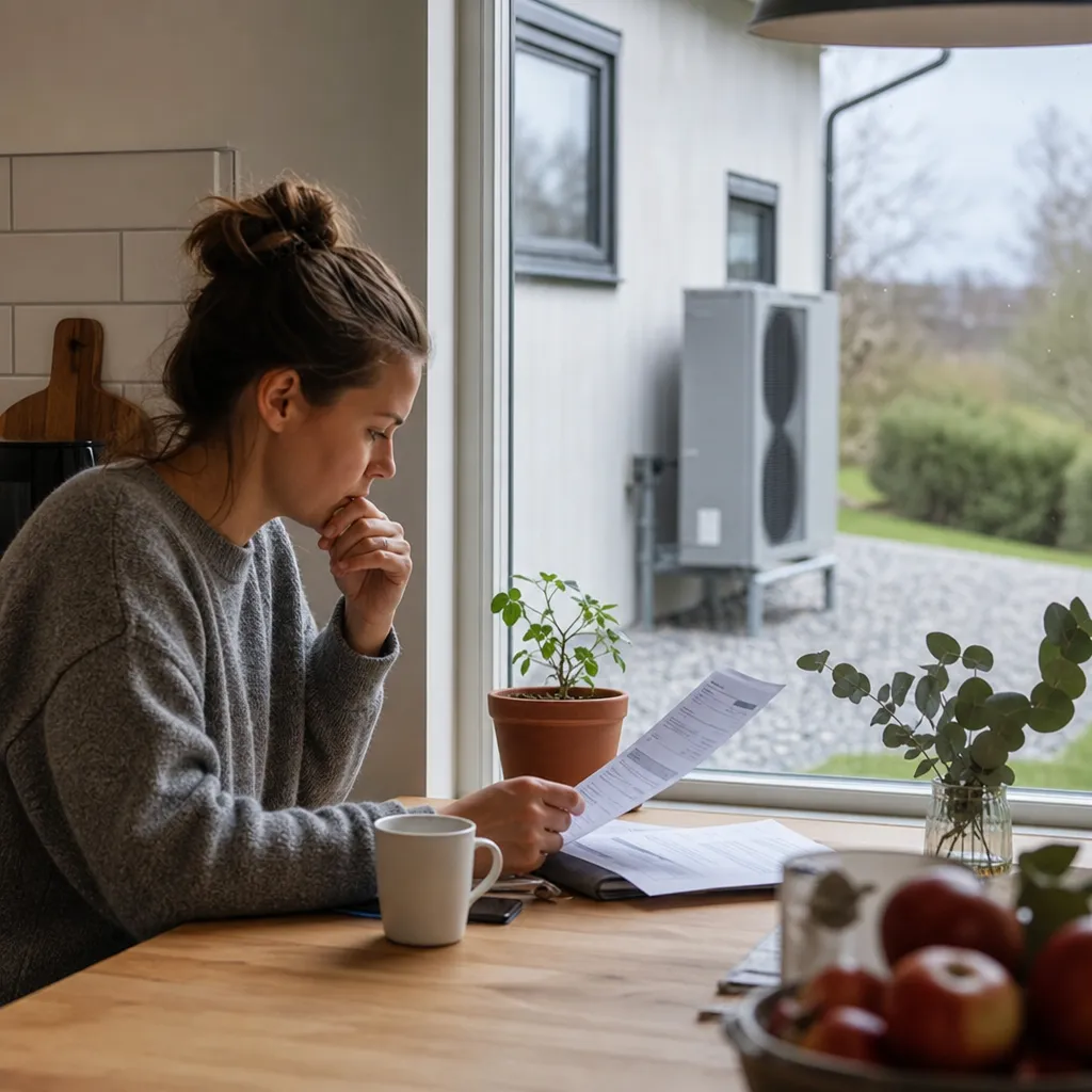 modern villa med värmepump utomhus och person som läser en elräkning vid köksfönstret