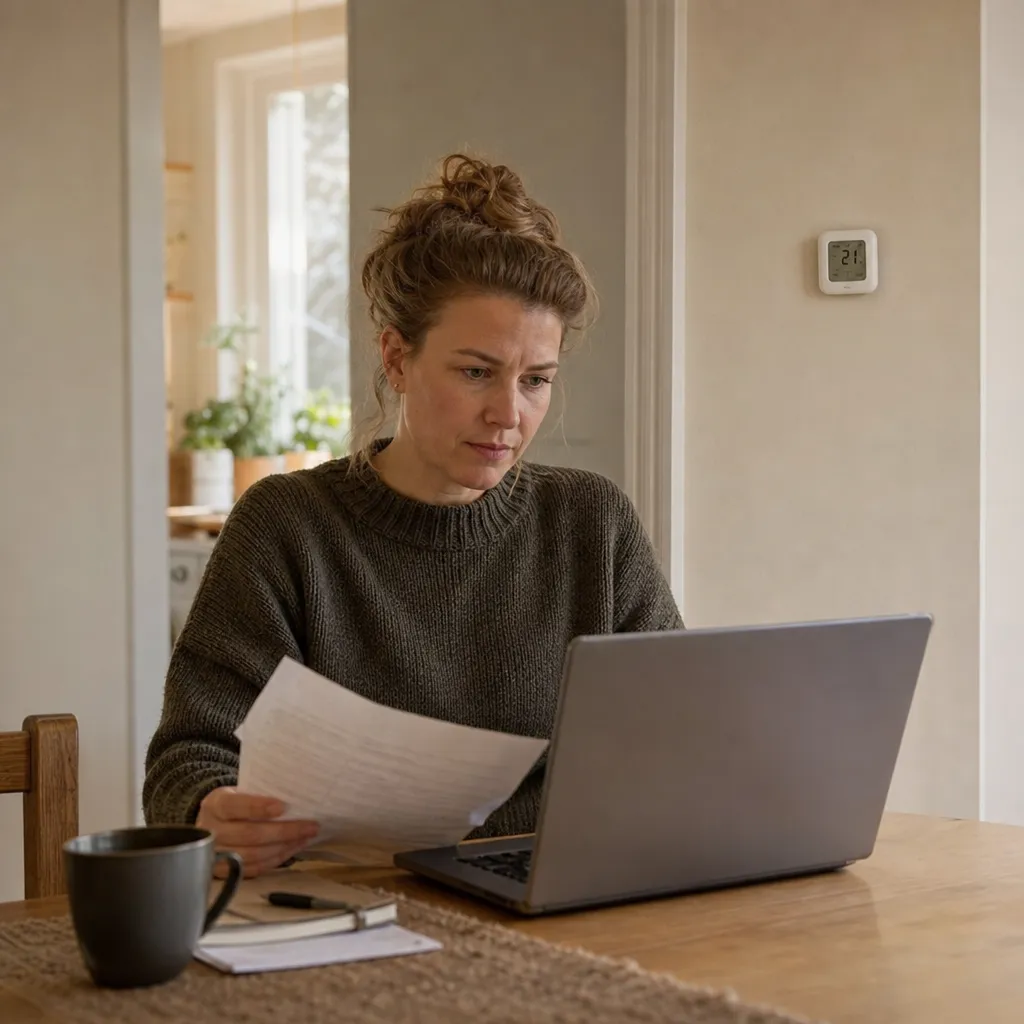 person som jämför elräkningen på laptop vid köksbordet med en termostat synlig i bakgrunden