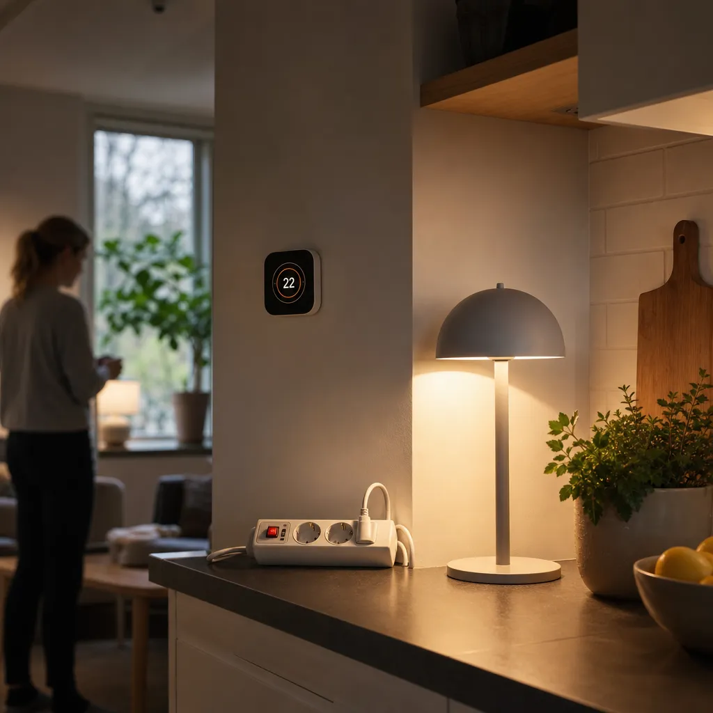 hemmiljö med LED-lampa, smart termostat och ett grenuttag med strömbrytare på köksbänken